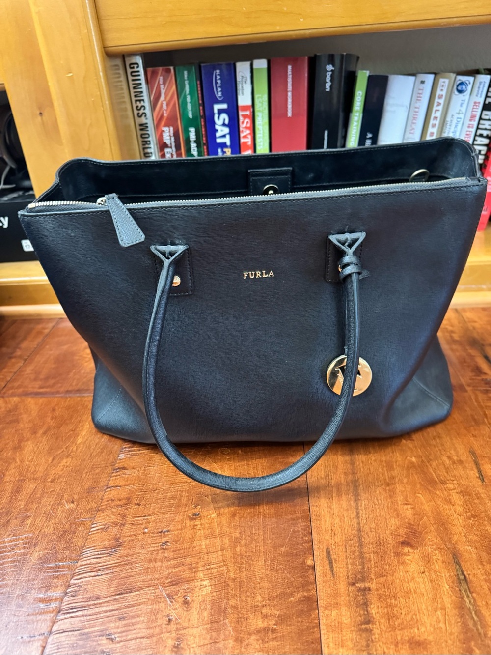 Furla Black Leather Tote with Gold Charm